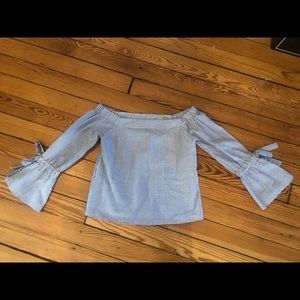 Aqua seersucker off the shoulder blouse